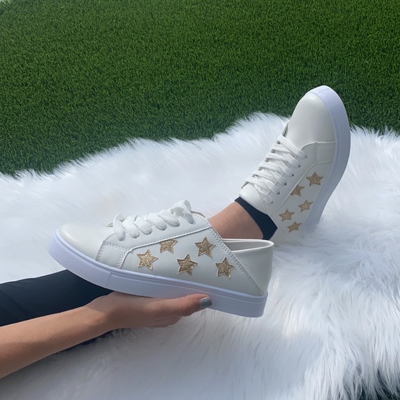 Sneakers with Gold Stars, White - Picture 3 of 10